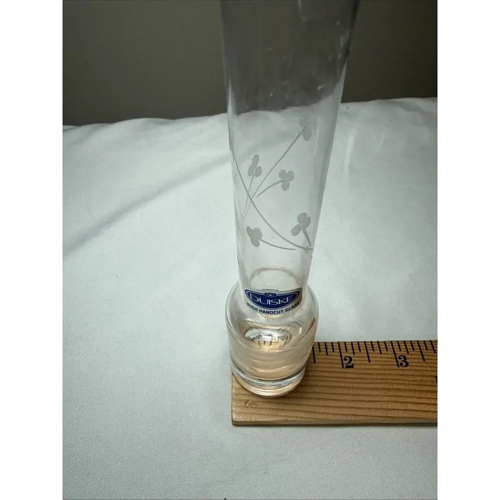DUISKE Irish Handcut Etched Frosted Floral Design Leaves Clear Glass Vase 6” EUC